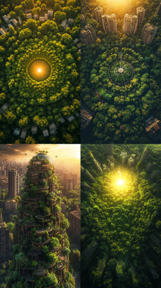 鸟瞰视角，穹顶城市全景，中心焦点构图，绿色植被与建筑辐射状排列，清新绿色主色调，透明穹顶结构，金色阳光，逆光拍摄，斑驳光影，层次感立体感，透明transformer架构，垂直农场作物，生态花园花卉，环保智能建筑，无人机穿梭，微风拂过植被，未来感世外桃源，科技与自然融合，宁静活力氛围