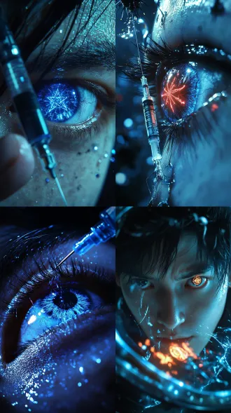 苏瑶的针管刺入林炎颈部大特写，蓝色液体中游动的微生物组成倒置五角星，林炎瞳孔剧烈收缩映出燃烧的方舟与夜枭面具，针管表面反光显示2151年日期，怀表秒针加速逆转，科幻恐怖，高细节，电影级光影，冷色调，微距镜头，动态模糊，未来感，异变特效，紧张不安，超现实构图