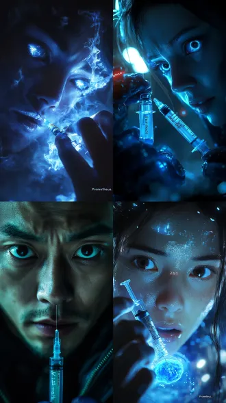 苏瑶手持针管刺入林炎颈部特写，蓝色液体微生物形成倒置五角星，瞳孔收缩映出燃烧方舟与夜枭面具，《普罗米修斯》异变特效，针管反光显示2151年日期，怀表秒针加速逆转，暗色调，电影级光影，微距镜头，高细节纹理，科幻惊悚，悬疑氛围，冷蓝色调，动态模糊，未来感，超现实。
