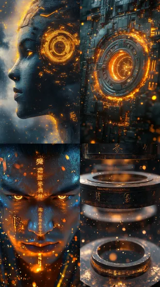 修仙科技戒指系统封面，五书连排，对称布局，赛博朋克修仙风，暗金色调，霓虹光效，未来感，东神宗弟子服，机械纹饰，悬浮戒指特写，主角侧颜冷峻，眼神锐利，微仰视角，3d渲染，金属质感，粒子光尘，深空背景，书法字体烫金，科幻符文点缀，人物比例修长，动态光影，强对比度