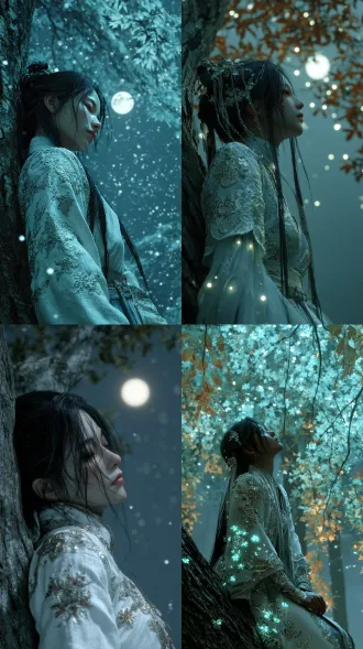 虚幻引擎渲染，3d仙侠风，长发黑发美女，白色汉服银绣，倚靠深色树干，仰望星空明月，梦幻光影，冷色调，柔焦效果，广角镜头，浅景深，月光洒落，静谧氛围，银蓝主色，仙气飘渺，细腻皮肤质感，柔和表情，古典未来感结合，高细节纹理，动态粒子光效，超现实唯美，诗意画面。
