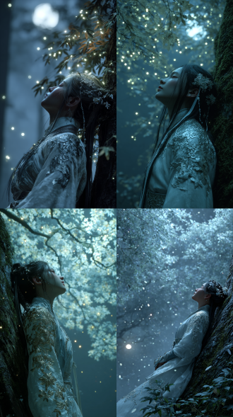 "虚幻引擎渲染，3d仙侠风格，长发黑发美女，白色传统汉服配精致银绣，倚靠深色树干，仰望星空明月，梦幻光影，冷色调，柔焦效果，广角镜头，浅景深，月光洒落，静谧氛围，银蓝主色调，仙气飘渺，细腻皮肤质感，柔和面部表情，古典与未来感融合，动态粒子光效，超现实构图，高细节纹理，环境雾效果。"
