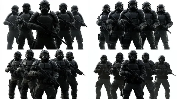 将图片扩图，将人物改为全身从头到脚的全景图。参考提示词如下：真实摄影风格，超写实ai仿真人特征，一个由5名成年男性特警组成的战术小队群像。5名特警身高约一米七八，体型精干健壮。他们穿着统一的黑色战术服，外穿带有硬质防弹插板的厚重防弹背心，肩部配有重型护甲，头戴黑色战术防弹头盔、战术耳机与透明防弹护目镜，面部佩戴带有呼吸阀的黑色战术半脸面罩，腰系战术腰带，佩戴护膝护肘、黑色战术手套与黑色战术靴。装备表面有雨水反光与轻微磨损痕迹。 动作与阵型：5名特警手中均握持黑色战术步枪，呈半圆形战术包围阵型站立。其中一名特警在正前方中央面向镜头，另外四名特警分别在左右两侧斜后方，枪口一致朝外，视线警觉，背部互相掩护，形成一个戒备的弧线防御圈。 构图：全景，全身完整入镜，画面里只有这5名特警，彼此独立清晰不融合。纯白色背景。电影级面光强度1.6，光线追踪强度1.5，高细节，超清8k，hdr，清晰对焦在人物从头到脚全身与所持步枪上，背景干净极简。追求极致美学，呈现最佳杰作、获奖作品般的最佳品质。