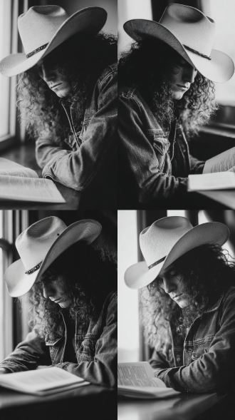 一个成年男性，留着长卷发，带着一个牛仔帽，白帽有一圈黑纹，身穿牛仔夹克，坐在桌子边，低头看书，帽檐刚好盖住眼睛，近景，黑白照片