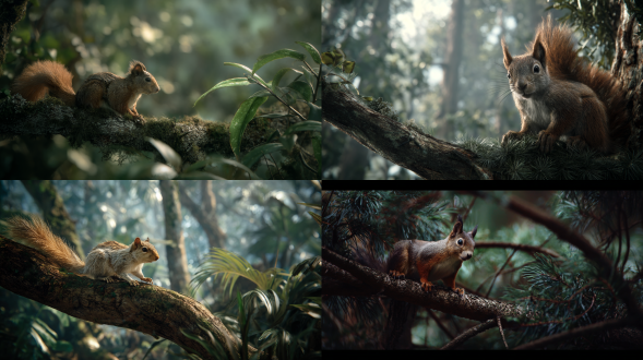 一只松鼠站在一棵树的枝干上，身处茂密的森林中，4k