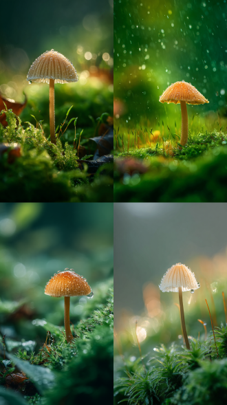 特写，森林里的一朵蘑菇，晶莹露珠，细腻纹理，柔和自然光，微距镜头，浅景深，绿色背景虚化，潮湿苔藓，童话氛围，温暖色调，静谧神秘。