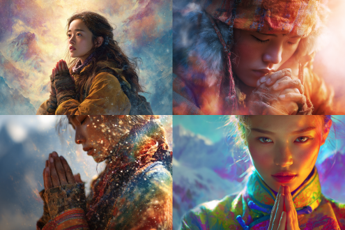海报风格, 电影风格, 幻想, 彩虹色, 氛围感照明, 明亮的, 电影灯光, 弗兰克, 世外桃源, 丽江香格里拉梅里雪山旅游宣传海报，日照金山，美丽的藏族姑娘，双手合十，祈祷
