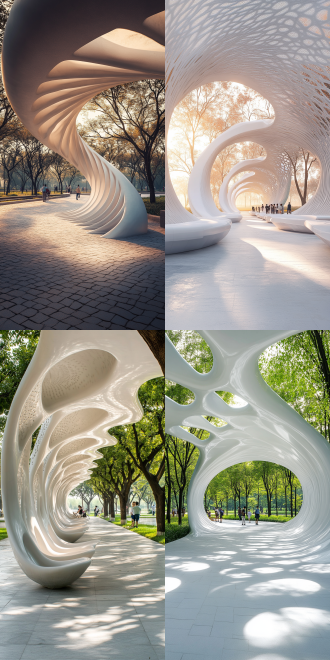 白色参数化走廊，螺旋dna形状，现代公园步道，新古典主义，极简主义，学术摄影风格，写实摄影，光影变化优美，游客众多，获奖建筑，流线型便携座椅，同材质，对称构图，浅景深，自然光，柔和阴影，中性色调，几何线条，宁静氛围，高清晰度