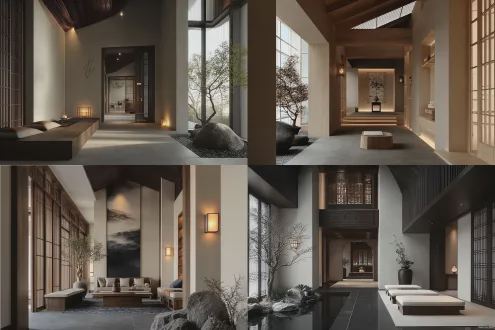 minimalist villa interior, open space, natural light, light wood tones, no chandelier design, zen-like atmosphere, minimalist lines, neutral tones, soft shadows, symmetrical layout, tranquility, elegant color scheme, solid wood materials, art of negative space, minimalist style, chinese style elements, wooden lattices, ink wash painting, delicate tones, fusion of tradition and modernity, high-definition. https://cdn-upload.qihuiai.com/images/image/20251204/39331831/image/16900135.jpg?image_process=resize,s_204 https://cdn-upload.qihuiai.com/images/image/20251204/39331831/image/54201548.jpg?image_process=resize,s_206 https://cdn-upload.qihuiai.com/images/image/20251204/39331831/image/61179370.jpg?image_process=resize,s_199