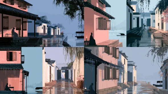 16:9 横向构图，现代国风平面插画，南宋江南水乡，陆游故里绍兴，夜雨初霁的清晨。画面左侧一座二层小楼，粉墙黛瓦，木格窗半开，屋檐滴水，窗内一位宋代文人侧影，披衣听雨，桌上油灯将熄。右侧深巷向远处延伸，青石板路湿润反光，白墙黛瓦、台门、石阶、柳枝。巷中一位卖花人挑着竹担，篮里装满带雨珠的粉白杏花，正沿深巷叫卖。晨雾弥漫，远山淡影，小桥流水，乌篷船隐约。扁平化矢量风格，简约色块，干净线条，低饱和青灰、米白、黛黑、杏花粉，柔和晨光，诗意留白，装饰性构图，国潮插画，无文字。