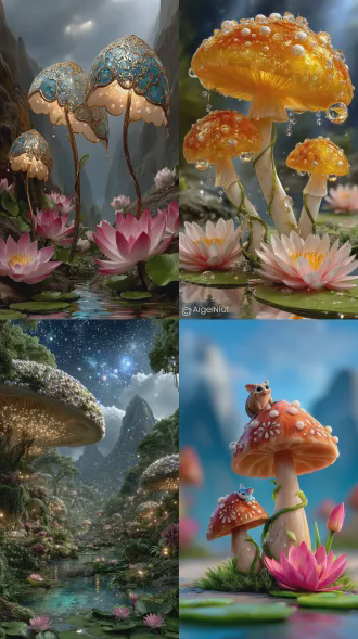 "杰作，最佳品质，超精细，8k，电影级光影，魔法幻想森林，巨型发光蘑菇，蘑菇帽上金色繁复花纹，珍珠边缘，细长茎蔓缠绕藤蔓，前景宁静池塘粉色睡莲绿色莲叶，远处薄雾笼罩山脉，明亮蓝天白云，柔和阳光透过树梢，治愈宁静氛围，数字艺术，概念艺术，高细节渲染，鲜艳色彩，广角视角，低角度拍摄，超现实，梦幻，greg rutkowski和artgerm风格"
