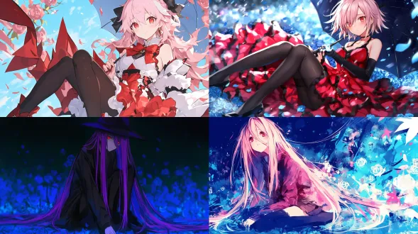 动漫风格，杰作，超精细，最佳质量，美丽细致的眼睛，单人少女，粉色长发，红色眼睛，黑色与粉色连衣裙，黑色丝袜，高跟鞋，手持黑伞，坐在玫瑰花丛中，蓝紫色背景，黑暗神秘氛围，对角线构图，柔和光线，浅景深，柔焦效果，冷色调，优雅，忧郁情绪。