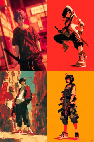 时尚短发青年，都市街道背景，明亮色彩与强烈对比，宽松刺客风格服装，幽默自信表情，生动姿势，二维动漫风格，简洁线条，广角镜头，侧光，暖色调，快速快门，动态构图，武器道具点缀，活泼氛围，红黑配色，简单配饰，幽默勇敢个性展现。