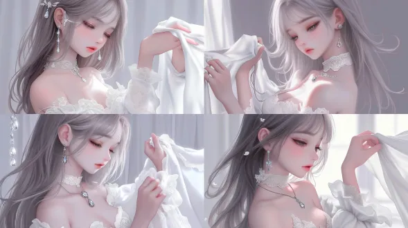 长发女孩戴着白色蕾丝颈链，佩戴蓝宝石项链，手持白色织物，柔和梦幻背景，浅景深，柔焦，自然光，逆光，淡雅色调，朦胧感，优雅，宁静，唯美，细腻皮肤，柔和阴影，低饱和度，温暖氛围，轻微动态模糊，薄纱材质，梦幻光斑。