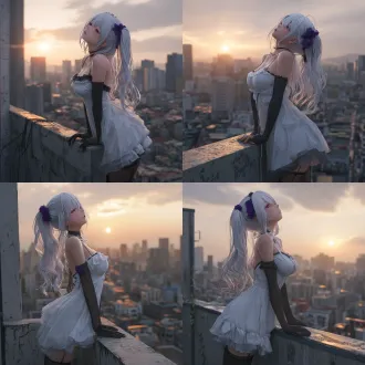 2.5d建模，虚幻引擎5渲染，白发动漫美女，轻质面料长连衣裙，黑色丝袜，紫色发饰，倚靠阳台边缘，微微仰头，绝望悲伤表情，都市日落背景，忧郁绝望氛围，高品质细节，超写实，特写面部，浅景深，柔焦，黄昏光线，逆光，高动态范围，冷色调，情感强烈，细腻纹理，电影级构图，环境光遮蔽