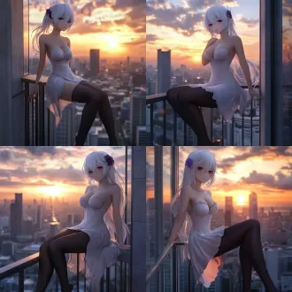 2.5d建模，虚幻引擎5渲染，白发动漫美女，轻盈面料长裙，黑色丝袜，紫色发饰，俯身倚靠阳台边缘，微仰头，绝望哀伤表情，城市天际线与日落背景，悲怆绝望氛围，高品质细节，超写实，特写面部，柔光，浅景深，黄昏色调，情绪张力，侧逆光，微风吹拂发丝，忧郁眼神，高对比度，电影级构图。