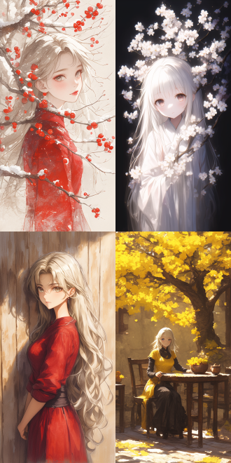 银发中国女孩身着汉服，全身镜头，自然色调，远距离视角，精细纹理，高清画质，柔和光线，古典风格，静谧放松，自信温柔，细节突出，唯美氛围，静态姿势，细腻笔触，淡雅色彩，动漫风格，高清渲染，优雅气质，传统服饰，精致装饰。