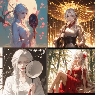 银发中国少女身着汉服，全身照，自然色调，远景视角，细腻纹理，高清画质，柔和光线，古典风格，宁静放松，自信温柔，细节丰富，唯美氛围，静态姿势，精致笔触，优雅色彩，动漫风格，高清渲染，优雅气质，传统服饰，精美装饰。广角镜头，浅景深，侧光，丝绸材质，花瓣飘落，古风背景，竹林庭院，微笑表情，手持团扇。