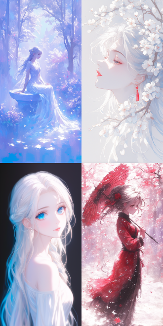 银发中国女孩身着汉服，全身镜头，自然色调，远距离视角，精细纹理，高清画质，柔和光线，古典风格，静谧放松，自信温柔，细节突出，唯美氛围，静态姿势，细腻笔触，淡雅色彩，动漫风格，高清渲染，优雅气质，传统服饰，精致装饰。