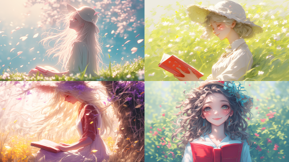 女孩坐在花园里，阳光透过树叶洒落，花瓣飘舞，柔焦效果，自然光，浅景深，微笑，白色连衣裙，太阳帽，手持书本，暖色调，宁静氛围，背景繁花盛开，微风轻拂，悠闲午后，细节丰富，胶片质感，85mm镜头，逆光拍摄，柔和阴影，治愈感。