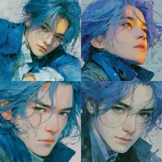 蓝发青年，绿色眼睛，深蓝服装，柔和梦幻色调，粉彩风格，高细节，artstation概念艺术，顺滑，锐利焦点，插画，艺术风格融合artgerm、greg rutkowski和alphonse mucha，柔光，虚化背景，优雅姿势，细腻笔触，浅景深，梦幻氛围，温暖色彩，精致五官，飘逸头发，艺术感构图。