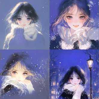 黑长发蓝眼女孩，白色围巾，蓝色背景飘雪，动漫风格，中心构图，柔和光线，冷色调，特写镜头，微风吹拂发丝，雪花晶莹，眼神宁静，温暖微笑，细腻笔触，高分辨率，梦幻氛围。