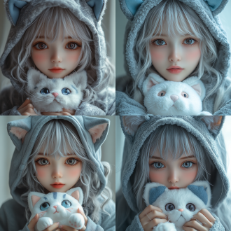 银发少女，灰色连帽衫配猫耳，抱着白猫玩偶，粉耳蓝饰，大眼睛，脸颊泛红，动漫风格，白色背景，柔光，特写镜头，浅景深，清新色调，微距拍摄，高细节，可爱表情，温暖氛围，明亮光线，对称构图，简约背景，甜美风格。