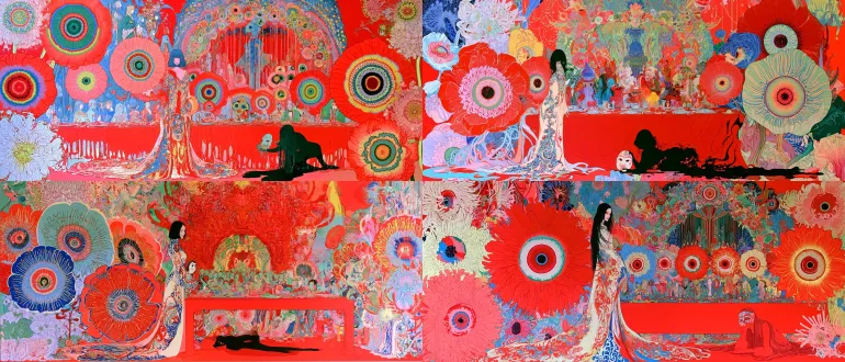 an unsettling flower banquet: a woman in an ivory-and-cobalt embroidered gown stands beside a vermilion table. every oversized flower turns its eye-like center toward her; her shadow becomes a kneeling stranger holding a mask of her face. framing blossoms, layered guests, a monumental floral arch, vivid vermilion, cobalt, jade and ivory, ornate surreal illustration, clear focal hierarchy, by james jean