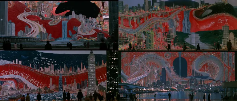 a colossal sleeping leviathan coils beneath an impossible city at blue hour; elevated roads curve across its immense ridged back, skyscrapers tilt as if the ground were breathing, and a river flows vertically along its enormous body. tiny commuters freeze in the foreground as its vast silhouette emerges behind the skyline, cinematic scale, intricate surreal architecture, vivid vermilion and cobalt, by m.c. escher