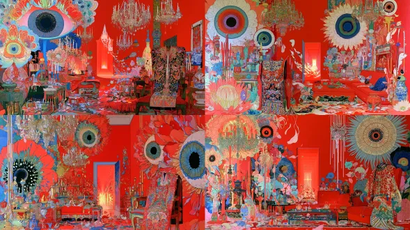 a lavish vermilion interior filled with giant eye-like flowers, chandeliers, ceremonial objects and an ornate embroidered robe draped over a chair; in the far wall, a new door has appeared where no door should be, opening into an impossible glowing corridor, while furniture, petals and small objects subtly lean and slide toward it. quiet dread, clear focal hierarchy, surreal interior narrative, vivid vermilion, cobalt, ivory and jade, by james jean