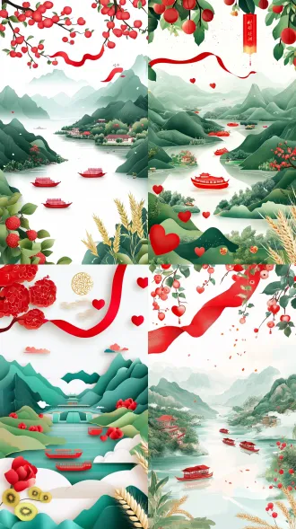 一张新中式国潮风格的旅游邀请函背景图。画面融合四川苍溪的特色，左侧是连绵的青山和嘉陵江，江面有红色的小船；右侧是满树的红心猕猴桃和绿叶。画面中央有红色的飘带蜿蜒贯穿，代表红色文化传承。底部有金色的剪纸纹理和丰收的麦穗。整体色调为中国红与生态绿的撞色，米白色背景，构图饱满，有大面积的留白用于添加文字。喜庆，大气，高细节，矢量插画风格，8k分辨率，ui设计感。