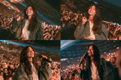 candid documentary concert photo, a young east asian girl, 25 years old, tall hourglass figure with graceful feminine curves, long straight dark brown hair, a red studded choker, wearing a chic cropped denim jacket over a simple white cotton tee, medium shot waist-up framing, upper body and face visible, figure occupies about 60% of the frame height, centered and upright, balanced composition, standing in the audience at a packed stadium concert, holding a wireless handheld microphone up near her mouth, singing along with a bright delighted expression, eyes crinkled in a happy smile, colorful stage beams washing over her from the front, crowded audience packed shoulder to shoulder filling the left and right sides behind and around her, raised phone flashlights and glow sticks, shallow depth of field, real fan captured mid-moment, professional concert photography, 35mm photojournalism, natural skin texture, soft bokeh, cinematic warm stage light on her face and hair
