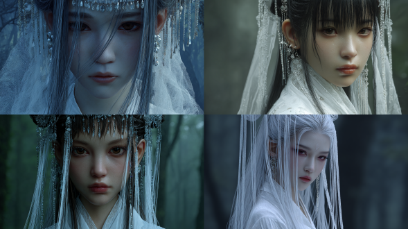 64k 超清二次元写实 cg 渲染（通透感 70%+ 写实细节 30%），20 岁妙龄古风美人，楚辞山鬼气质，素衣清颜无头饰，长发及腰 + 碎发 + 多条飞舞发带（高通透半透明发丝 + 极浅根根分明质感），宽松白纱衣（超通透薄纱渲染 + 近乎无褶皱的轻盈质感，边缘虚化融于雾气）露完美锁骨，超长精致耳坠（高通透宝石 + 全弱化金属质感，仅留微光反光），冷白光滑水润皮肤（低饱和冷调 + 强通透肌理，毛孔细节近乎隐形），含情眼虹膜分层着色（二次元高亮瞳光 + 极简虹膜纹理，叠加雾感高光），眼神魅惑带故事感（完全弱化红丝，睫毛呈半透明通透感），嘴巴微张（浅化唇纹 + 通透唇釉光泽，弱化齿缝），临水照影 + 浓淡交织薄雾（超强通透雾化，人物边缘与雾感融合），昏暗森林斑驳树影（极致柔和虚化，仅留朦胧光影轮廓），冷白光照脸（柔焦通透光感，穿透发丝无硬阴影），王家卫电影级超柔焦光影（无明显明暗交界，整体呈雾面柔光），超广角全景 + 全身镜头，风吹衣袂飘逸（无重力悬浮感 cg 动态，薄纱与雾气联动），发丝扬动（高通透反光 + 近乎无重量感），姿态灵动似化雾归去（身体边缘轻微虚化，融于环境），电影级超浅景深（背景极致虚化，仅留朦胧色彩轮廓），高饱和通透色调（带雾感滤镜，色彩柔和不刺眼），天峰饱满，地阁圆润，身材婀娜多姿，眼神看向镜头（带雾感朦胧感），俏皮眨眼（动态柔和无僵硬），动态表情捕捉（弱化肌肉纹理，突出空灵神态），微距眼部特写（叠加雾感光晕，瞳孔通透发亮）