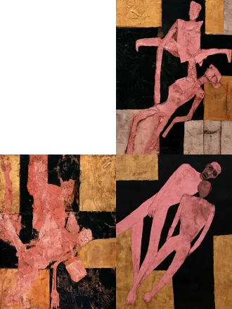 表现主义风格的稚拙派，半透明人物，两个全身玫瑰色的抽象人体，饿得只剩下皮包着骨头，高颧骨，深陷的眼窝。一个人斜躺在黑色和金黄色块面分割的背景中，另一个人趴在对方上人工呼吸背对着画面，画面采用厚涂油画技法，可见明显笔刷与刮刀肌理，线条稚拙随性，充满原始粗朴的情感张力与沉静疏离的氛围。氛围静谧怪诞、原始神秘，无叙事性，生物形态抽象风格，稚拙艺术感杰作，最佳质量，8k，超写实，杰作，中民族风，手工艺术，禅意氛围柔和侧光，禅意氛围，国潮风格 极简艺术，综合材料，复古日式风格，东方抒情抽象，随性松驰的线条，莫兰迪不规则几何图造型，东方留白，全国美展级别，高细节手作纹理，阿诗水彩纸粗纹底