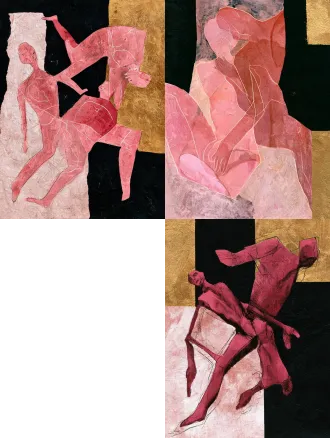 表现主义人物绘画，席勒绘画风格，版画肌理，水彩+铅笔素描，粗糙手绘轮廓线，白色线描，随线松驰的线条，抽象手绘，田村彩乃风格，马蒂斯野兽派，稚拙原始艺术，半透明人物，两个全身玫瑰色的抽象人体，饿得只剩下皮包着骨头，高颧骨，深陷的眼窝。一个人斜躺在不规则黑色和金黄色块面分割的背景中，另一个人趴在对方上人工呼吸背对着画面，画面采用厚涂油画技法，可见明显笔刷与刮刀肌理，线条稚拙随性，充满原始粗朴的情感张力与沉静疏离的氛围。氛围静谧怪诞、原始神秘，无叙事性，生物形态抽象风格，稚拙艺术感杰作，最佳质量，8k，超写实，杰作，中民族风，手工艺术，禅意氛围柔和侧光，禅意氛围，国潮风格 极简艺术，综合材料，复古日式风格，东方抒情抽象，随性松驰的线条，莫兰迪不规则几何图造型，东方留白，全国美展级别，高细节手作纹理，阿诗水彩纸粗纹底