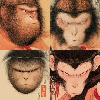 竖版头像特写，裁切式构图，一个巨型核桃和孙悟空猴脸融合，纹理清晰的核桃表皮长出根根毛发和黑发，戴着紧箍咒，狭长锐利双眼，蓬松杂乱发，超细排线勾勒毛发，东方工笔白描，新浮世绘风格，淡色浅染皮肤，极少阴影，线条优先，宣纸纹理底色，极简配色，只有朱砂红作为点缀色，大片留白，简约随性墨线勾勒，松弛毛笔线条，眉眼细长微垂，樱桃小嘴，眼神慵懒，淡橘红色广袖汉服，手腕佩戴朱红玉镯，婀娜弯曲的柳树，头发和裙带随风飘动，矿物染料配色，炭黑，朱砂红，暗赭红，灰调石绿，土黄褐色底，高清细节，东方禅意与野性并存，线条稚拙随性，氛围静谧怪诞、原始神秘，8k，中民族风，手工艺术，禅意氛围柔和，国潮风格 极简艺术，人物比例严重扭曲失调，全国美展级别，高细节手作纹理
