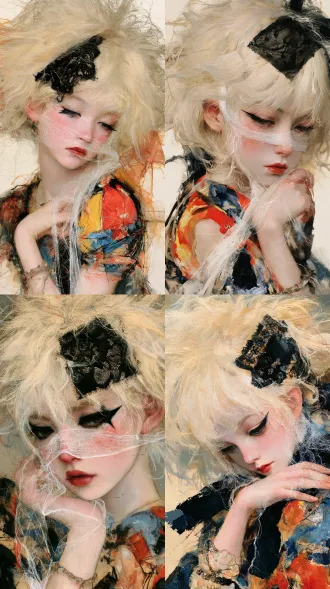 天野喜孝风格，少女半身像，洛丽塔式裙，凌厉松散的写意笔触，肆意奔放的彩色线条，蓬松爆炸凌乱浅白金短假发，发丝毛躁，神情淡漠沉静，眼神微微向下，额头一侧装饰黑色复古镂空蕾丝花纹贴片，锐利夸张上扬黑色烟熏猫眼妆，面部覆盖一层半透明白色蚕丝絮状薄丝网，细碎白色纤维蒙在皮肤表面，零星分布，脸颊淡淡的自然红晕，冷冽疏离的眼神，红唇，高饱和红、明黄、钴蓝、橘色与墨黑交织，薄透水彩与干笔速写质感，大量留白，线条破碎灵动，浪漫颓废的氛围感，纸上手绘，随性奔放，高级艺术感，半透明人物，东方仕女画，长着狐狸妩媚的脸，正在梳理头发，幼态银盘圆脸，水杏仁眼翠细眉，樱桃小嘴，腮红，浓艳的烟熏妆，狭长锐利双眼，超细排线勾勒毛发，手腕佩戴手镯，薄透油彩，朦胧虚化物象，写意速写线条，灰调土黄、赭石、灰蓝、暗红，朦胧氛围感，东方写意与西方油画融合，松散笔触，朦胧氤氲的空气感，微妙虚实，物象若隐若现，沉静怀旧，1950年代现代东方油画，东方禅意与野性并存，高级艺术感，低饱和色调，细微颗粒质感，全国美展质感