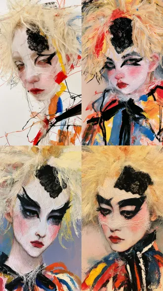 天野喜孝风格，少女半身像，洛丽塔，凌厉松散的写意笔触，肆意奔放的彩色线条，蓬松爆炸凌乱浅白金短假发，发丝毛躁，神情淡漠沉静，眼神微微向下，额头一侧装饰黑色复古镂空蕾丝花纹贴片，锐利夸张上扬黑色烟熏猫眼妆，面部覆盖一层半透明白色蚕丝絮状薄丝网，细碎白色纤维蒙在皮肤表面，零星分布，脸颊淡淡的自然红晕，冷冽疏离的眼神，红唇，高饱和红、明黄、钴蓝、橘色与墨黑交织，薄透水彩与干笔速写质感，大量留白，线条破碎灵动，浪漫颓废的氛围感，纸上手绘，随性奔放，高级艺术感，半透明人物，东方仕女画，长着狐狸妩媚的脸，正在梳理头发，幼态银盘圆脸，水杏仁眼翠细眉，樱桃小嘴，腮红，浓艳的烟熏妆，狭长锐利双眼，超细排线勾勒毛发，手腕佩戴手镯，薄透油彩，朦胧虚化物象，写意速写线条，灰调土黄、赭石、灰蓝、暗红，朦胧氛围感，东方写意与西方油画融合，松散笔触，朦胧氤氲的空气感，微妙虚实，物象若隐若现，沉静怀旧，1950年代现代东方油画，东方禅意与野性并存，高级艺术感，低饱和色调，细微颗粒质感，全国美展质感