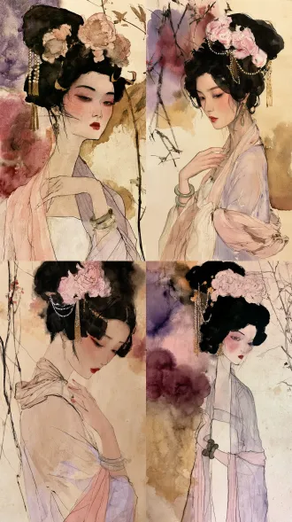 现代东方水墨湿画人像，宣纸材质，宿墨技法，大写意国画芦苇，维也纳表现主义，抽象画，埃贡·席勒（egon schiele）风格与东方水墨湿画人像相结合，发丝用大块湿墨晕染，自然洇墨水渍，墨色层次丰富，胭脂红色花朵，清润淡墨，通透粉肤色，写意松弛笔触,纸面肌理，手绘质感，紧绷的肢体姿态，充满焦虑与原始情绪，粗糙手绘速写质感，强烈的人物情绪张力，枯瘦修长人体，颤抖锐利轮廓线，平面色块，线条有顿挫感，画面构图紧凑，随性挥洒，古代仕女，眉眼含愁，素色月白纱裙，幼态脸，水杏仁眼翠细眉，樱桃小嘴，腮红，唐代高盘发髻，头上装饰牡丹绒花、珍珠串、金色流苏步摇，唐风妆容,玉石耳坠，双腕佩戴翡翠手镯，轻纱滑落肩头，半透明多层亚麻薄纱面料，颈间系粉色丝巾，淡紫色薄纱汉服，双臂交叉倚靠，浅淡素色背景，东方古代庭院，海棠芭蕉，低饱和配色，纸本水墨，老旧泛黄宣纸，自然纸纹，枯笔焦墨,倾斜交错，飞白笔触，蓬松爆炸状笔墨如芦花，墨色渗化晕染，浓淡干湿丰富，大面积留白，野逸苍劲，萧瑟秋意，赭石、土黄、暗红、灰褐低饱和配色，笔触粗犷，写意，黄昏雾气，大面积湿画晕染，紫色、玫红、酒红、橘黄、暖棕色彩自然互相渗透，自然水渍，不规则水痕留白，极简纤细枯树干，寥寥几笔树枝，树干带有斑驳白色纹理，虚化远景，柔和朦胧，印象写意，氛围感，通透水彩质感，低对比度，没有精细细节，抒情安静，无多余杂物，8k，国画质感