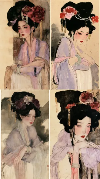 现代东方水墨湿画人像，宣纸材质，宿墨技法，大写意国画芦苇，维也纳表现主义，抽象画，埃贡·席勒（egon schiele）风格与东方水墨湿画人像相结合，发丝用大块湿墨晕染，自然洇墨水渍，墨色层次丰富，胭脂红色花朵，清润淡墨，通透粉肤色，写意松弛笔触,纸面肌理，手绘质感，紧绷的肢体姿态，充满焦虑与原始情绪，粗糙手绘速写质感，强烈的人物情绪张力，枯瘦修长人体，颤抖锐利轮廓线，平面色块，线条有顿挫感，画面构图紧凑，随性挥洒，古代仕女，林黛玉，眉眼含愁，素色月白纱裙，幼态脸，水杏仁眼翠细眉，樱桃小嘴，腮红，唐代高盘发髻，头上装饰牡丹绒花、珍珠串、金色流苏步摇，唐风妆容,玉石耳坠，双腕佩戴翡翠手镯，轻纱滑落肩头，半透明多层亚麻薄纱面料，颈间系粉色丝巾，淡紫色薄纱汉服，双臂交叉倚靠，浅淡素色背景，东方古代庭院，海棠芭蕉，低饱和配色，纸本水墨，老旧泛黄宣纸，自然纸纹，枯笔焦墨,倾斜交错，飞白笔触，蓬松爆炸状笔墨如芦花，墨色渗化晕染，浓淡干湿丰富，大面积留白，野逸苍劲，萧瑟秋意，赭石、土黄、暗红、灰褐低饱和配色，笔触粗犷，写意，黄昏雾气，大面积湿画晕染，紫色、玫红、酒红、橘黄、暖棕色彩自然互相渗透，自然水渍，不规则水痕留白，极简纤细枯树干，寥寥几笔树枝，树干带有斑驳白色纹理，虚化远景，柔和朦胧，印象写意，氛围感，通透水彩质感，低对比度，没有精细细节，抒情安静，无多余杂物，8k，国画质感