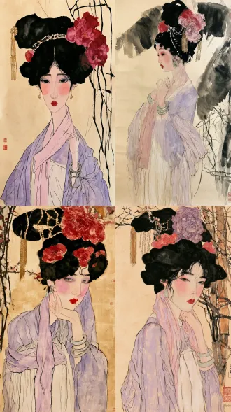 现代东方水墨湿画人像，宣纸材质，宿墨技法，大写意国画芦苇，维也纳表现主义，抽象画，埃贡·席勒（egon schiele）风格与东方水墨湿画人像相结合，发丝用大块湿墨晕染，自然洇墨水渍，墨色层次丰富，胭脂红色花朵，清润淡墨，通透粉肤色，写意松弛笔触,纸面肌理，手绘质感，紧绷的肢体姿态，充满焦虑与原始情绪，粗糙手绘速写质感，强烈的人物情绪张力，枯瘦修长人体，颤抖锐利轮廓线，平面色块，线条有顿挫感，画面构图紧凑，随性挥洒，古代仕女，林黛玉，红楼梦美学人物，眉眼含愁，素色月白纱裙，幼态脸，水杏仁眼翠细眉，樱桃小嘴，腮红，唐代高盘发髻，头上装饰牡丹绒花、珍珠串、金色流苏步摇，唐风妆容,玉石耳坠，双腕佩戴翡翠手镯，轻纱滑落肩头，半透明多层亚麻薄纱面料，颈间系粉色丝巾，淡紫色薄纱汉服，双臂交叉倚靠，浅淡素色背景，东方古代庭院，海棠芭蕉，低饱和配色，纸本水墨，老旧泛黄宣纸，自然纸纹，枯笔焦墨,倾斜交错，飞白笔触，蓬松爆炸状笔墨如芦花，墨色渗化晕染，浓淡干湿丰富，大面积留白，野逸苍劲，萧瑟秋意，赭石、土黄、暗红、灰褐低饱和配色，笔触粗犷，写意，黄昏雾气，大面积湿画晕染，紫色、玫红、酒红、橘黄、暖棕色彩自然互相渗透，自然水渍，不规则水痕留白，极简纤细枯树干，寥寥几笔树枝，树干带有斑驳白色纹理，虚化远景，柔和朦胧，印象写意，氛围感，通透水彩质感，低对比度，没有精细细节，抒情安静，无多余杂物，8k，国画质感