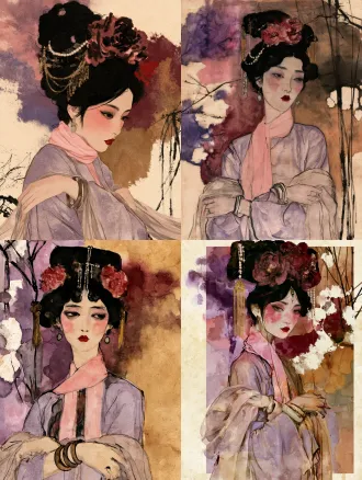 现代东方水墨湿画人像，宣纸材质，宿墨技法，大写意国画芦苇，维也纳表现主义，抽象画，埃贡·席勒（egon schiele）风格与东方水墨湿画人像相结合，发丝用大块湿墨晕染，自然洇墨水渍，墨色层次丰富，胭脂红色花朵，清润淡墨，通透粉肤色，写意松弛笔触,纸面肌理，手绘质感，紧绷的肢体姿态，充满焦虑与原始情绪，粗糙手绘速写质感，强烈的人物情绪张力，枯瘦修长人体，颤抖锐利轮廓线，平面色块，线条有顿挫感，画面构图紧凑，随性挥洒，古代仕女，林黛玉，红楼梦美学人物，眉眼含愁，素色月白纱裙，幼态脸，水杏仁眼翠细眉，樱桃小嘴，腮红，唐代高盘发髻，头上装饰牡丹绒花、珍珠串、金色流苏步摇，唐风妆容,玉石耳坠，双腕佩戴翡翠手镯，轻纱滑落肩头，半透明多层亚麻薄纱面料，颈间系粉色丝巾，淡紫色薄纱汉服，双臂交叉倚靠，背景东方古代庭院，明清建筑，低饱和配色，纸本水墨，老旧泛黄宣纸，自然纸纹，枯笔焦墨,倾斜交错，飞白笔触，蓬松爆炸状笔墨如芦花，墨色渗化晕染，浓淡干湿丰富，大面积留白，野逸苍劲，萧瑟秋意，赭石、土黄、暗红、灰褐低饱和配色，笔触粗犷，写意，黄昏雾气，大面积湿画晕染，紫色、玫红、酒红、橘黄、暖棕色彩自然互相渗透，自然水渍，不规则水痕留白，极简纤细枯树干，寥寥几笔树枝，树干带有斑驳白色纹理，柔和朦胧，印象写意，氛围感，通透水彩质感，低对比度，没有精细细节，抒情安静，8k，国画质感