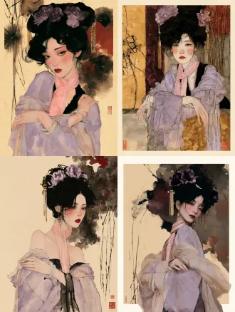 现代东方水墨湿画人像，宣纸材质，宿墨技法，大写意国画芦苇，维也纳表现主义，抽象画，埃贡·席勒（egon schiele）风格与东方水墨湿画人像相结合，发丝用大块湿墨晕染，自然洇墨水渍，墨色层次丰富，胭脂红色花朵，清润淡墨，通透粉肤色，写意松弛笔触,纸面肌理，手绘质感，紧绷的肢体姿态，充满焦虑与原始情绪，粗糙手绘速写质感，强烈的人物情绪张力，枯瘦修长人体，颤抖锐利轮廓线，平面色块，线条有顿挫感，画面构图紧凑，随性挥洒，古代仕女，林黛玉，红楼梦美学人物，眉眼含愁，素色月白纱裙，幼态脸，水杏仁眼翠细眉，樱桃小嘴，腮红，唐代高盘发髻，头上装饰牡丹绒花、珍珠串、金色流苏步摇，唐风妆容,玉石耳坠，双腕佩戴翡翠手镯，轻纱滑落肩头，半透明多层亚麻薄纱面料，颈间系粉色丝巾，淡紫色薄纱汉服，双臂交叉倚靠，素色背景，东方古代庭院，明清建筑，低饱和配色，纸本水墨，老旧泛黄宣纸，自然纸纹，枯笔焦墨,倾斜交错，飞白笔触，蓬松爆炸状笔墨如芦花，墨色渗化晕染，浓淡干湿丰富，大面积留白，野逸苍劲，萧瑟秋意，赭石、土黄、暗红、灰褐低饱和配色，笔触粗犷，写意，黄昏雾气，大面积湿画晕染，紫色、玫红、酒红、橘黄、暖棕色彩自然互相渗透，自然水渍，不规则水痕留白，极简纤细枯树干，寥寥几笔树枝，树干带有斑驳白色纹理，柔和朦胧，印象写意，氛围感，通透水彩质感，低对比度，没有精细细节，抒情安静，8k，国画质感