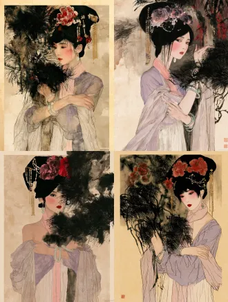 现代东方水墨湿画人像，宣纸材质，宿墨技法，大写意国画芦苇，维也纳表现主义，抽象画，埃贡·席勒（egon schiele）风格与东方水墨湿画人像相结合，发丝用大块湿墨晕染，自然洇墨水渍，墨色层次丰富，胭脂红色花朵，清润淡墨，通透粉肤色，写意松弛笔触,纸面肌理，手绘质感，紧绷的肢体姿态，充满焦虑与原始情绪，粗糙手绘速写质感，强烈的人物情绪张力，用手抱住一棵松树，动作夸张，枯瘦修长人体，颤抖锐利轮廓线，平面色块，线条有顿挫感，画面构图紧凑，随性挥洒，古代仕女，林黛玉，红楼梦美学人物，眉眼含愁，素色月白纱裙，幼态脸，水杏仁眼翠细眉，樱桃小嘴，腮红，唐代高盘发髻，头上装饰牡丹绒花、珍珠串、金色流苏步摇，唐风妆容,玉石耳坠，双腕佩戴翡翠手镯，轻纱滑落肩头，半透明多层亚麻薄纱面料，颈间系粉色丝巾，淡紫色薄纱汉服，双臂交叉倚靠，素色背景，东方古代庭院，明清建筑，低饱和配色，纸本水墨，老旧泛黄宣纸，自然纸纹，枯笔焦墨,倾斜交错，飞白笔触，蓬松爆炸状笔墨如芦花，墨色渗化晕染，浓淡干湿丰富，大面积留白，野逸苍劲，萧瑟秋意，赭石、土黄、暗红、灰褐低饱和配色，笔触粗犷，写意，黄昏雾气，大面积湿画晕染，紫色、玫红、酒红、橘黄、暖棕色彩自然互相渗透，自然水渍，不规则水痕留白，极简纤细枯树干，寥寥几笔树枝，树干带有斑驳白色纹理，柔和朦胧，印象写意，氛围感，通透水彩质感，低对比度，没有精细细节，抒情安静，8k，国画质感
