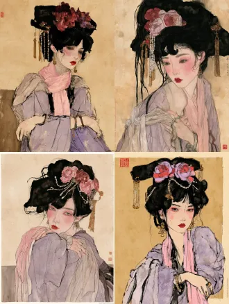 现代东方水墨湿画人像，宣纸材质，宿墨技法，大写意国画芦苇，维也纳表现主义，抽象画，埃贡·席勒（egon schiele）风格与东方水墨湿画人像相结合，发丝用大块湿墨晕染，自然洇墨水渍，墨色层次丰富，胭脂红色花朵，清润淡墨，通透粉肤色，写意松弛笔触,纸面肌理，手绘质感，紧绷的肢体姿态，充满焦虑与原始情绪，粗糙手绘速写质感，强烈的人物情绪张力，用手抱住一棵松树，狂笑，动作夸张，枯瘦修长人体，颤抖锐利轮廓线，平面色块，线条有顿挫感，画面构图紧凑，随性挥洒，古代仕女，林黛玉，红楼梦美学人物，眉眼含愁，素色月白纱裙，幼态脸，水杏仁眼翠细眉，樱桃小嘴，腮红，唐代高盘发髻，头上装饰牡丹绒花、珍珠串、金色流苏步摇，唐风妆容,玉石耳坠，双腕佩戴翡翠手镯，轻纱滑落肩头，半透明多层亚麻薄纱面料，颈间系粉色丝巾，淡紫色薄纱汉服，双臂交叉倚靠，素色背景，东方古代庭院，明清建筑，低饱和配色，纸本水墨，老旧泛黄宣纸，自然纸纹，枯笔焦墨,倾斜交错，飞白笔触，蓬松爆炸状笔墨如芦花，墨色渗化晕染，浓淡干湿丰富，大面积留白，野逸苍劲，萧瑟秋意，赭石、土黄、暗红、灰褐低饱和配色，笔触粗犷，写意，黄昏雾气，大面积湿画晕染，紫色、玫红、酒红、橘黄、暖棕色彩自然互相渗透，自然水渍，不规则水痕留白，极简纤细枯树干，寥寥几笔树枝，树干带有斑驳白色纹理，柔和朦胧，印象写意，氛围感，通透水彩质感，低对比度，没有精细细节，抒情安静，8k，国画质感