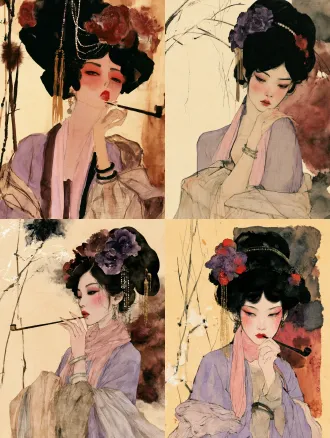 现代东方水墨湿画人像，宣纸材质，宿墨技法，大写意国画芦苇，维也纳表现主义，抽象画，埃贡·席勒（egon schiele）风格与东方水墨湿画人像相结合，发丝用大块湿墨晕染，自然洇墨水渍，墨色层次丰富，胭脂红色花朵，清润淡墨，通透粉肤色，写意松弛笔触,纸面肌理，手绘质感，紧绷的肢体姿态，充满焦虑与原始情绪，粗糙手绘速写质感，强烈的人物情绪张力，用手叼着一个清代宫廷烟斗，动作夸张，枯瘦修长人体，颤抖锐利轮廓线，平面色块，线条有顿挫感，画面构图紧凑，随性挥洒，古代仕女，林黛玉，红楼梦美学人物，眉眼含愁，素色月白纱裙，幼态脸，水杏仁眼翠细眉，樱桃小嘴，腮红，唐代高盘发髻，头上装饰牡丹绒花、珍珠串、金色流苏步摇，唐风妆容,玉石耳坠，双腕佩戴翡翠手镯，轻纱滑落肩头，半透明多层亚麻薄纱面料，颈间系粉色丝巾，淡紫色薄纱汉服，双臂交叉倚靠，素色背景，东方古代庭院，明清建筑，低饱和配色，纸本水墨，老旧泛黄宣纸，自然纸纹，枯笔焦墨,倾斜交错，飞白笔触，蓬松爆炸状笔墨如芦花，墨色渗化晕染，浓淡干湿丰富，大面积留白，野逸苍劲，萧瑟秋意，赭石、土黄、暗红、灰褐低饱和配色，笔触粗犷，写意，黄昏雾气，大面积湿画晕染，紫色、玫红、酒红、橘黄、暖棕色彩自然互相渗透，自然水渍，不规则水痕留白，极简纤细枯树干，寥寥几笔树枝，树干带有斑驳白色纹理，柔和朦胧，印象写意，氛围感，通透水彩质感，低对比度，没有精细细节，抒情安静，8k，国画质感