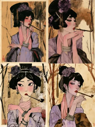 现代东方水墨湿画人像，宣纸材质，宿墨技法，大写意国画芦苇，维也纳表现主义，抽象画，埃贡·席勒（egon schiele）风格与东方水墨湿画人像相结合，发丝用大块湿墨晕染，自然洇墨水渍，墨色层次丰富，胭脂红色花朵，清润淡墨，通透粉肤色，写意松弛笔触,纸面肌理，手绘质感，紧绷的肢体姿态，充满焦虑与原始情绪，粗糙手绘速写质感，强烈的人物情绪张力，动作夸张，枯瘦修长人体，颤抖锐利轮廓线，平面色块，线条有顿挫感，画面构图紧凑，随性挥洒，古代仕女，林黛玉正在吸烟，红楼梦美学人物，眉眼含愁，素色月白纱裙，幼态脸，水杏仁眼翠细眉，樱桃小嘴，腮红，唐代高盘发髻，头上装饰牡丹绒花、珍珠串、金色流苏步摇，唐风妆容,玉石耳坠，双腕佩戴翡翠手镯，轻纱滑落肩头，半透明多层亚麻薄纱面料，颈间系粉色丝巾，淡紫色薄纱汉服，双臂交叉倚靠，用手叼着一个清代宫廷烟斗，素色背景，东方古代庭院，明清建筑，低饱和配色，纸本水墨，老旧泛黄宣纸，自然纸纹，枯笔焦墨,倾斜交错，飞白笔触，蓬松爆炸状笔墨如芦花，墨色渗化晕染，浓淡干湿丰富，大面积留白，野逸苍劲，萧瑟秋意，赭石、土黄、暗红、灰褐低饱和配色，笔触粗犷，写意，黄昏雾气，大面积湿画晕染，紫色、玫红、酒红、橘黄、暖棕色彩自然互相渗透，自然水渍，不规则水痕留白，极简纤细枯树干，寥寥几笔树枝，树干带有斑驳白色纹理，柔和朦胧，印象写意，氛围感，通透水彩质感，低对比度，没有精细细节，抒情安静，8k，国画质感