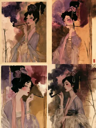 现代东方水墨湿画人像，宣纸材质，宿墨技法，大写意国画芦苇，维也纳表现主义，抽象画，埃贡·席勒（egon schiele）风格与东方水墨湿画人像相结合，发丝用大块湿墨晕染，自然洇墨水渍，墨色层次丰富，胭脂红色花朵，清润淡墨，通透粉肤色，写意松弛笔触,纸面肌理，手绘质感，紧绷的肢体姿态，充满焦虑与原始情绪，粗糙手绘速写质感，强烈的人物情绪张力，动作夸张，枯瘦修长人体，颤抖锐利轮廓线，平面色块，线条有顿挫感，画面构图紧凑，随性挥洒，古代仕女，林黛玉正在吸烟，红楼梦美学人物，眉眼含愁，素色月白纱裙，幼态脸，水杏仁眼翠细眉，樱桃小嘴，腮红，唐代高盘发髻，头上装饰牡丹绒花、珍珠串、金色流苏步摇，唐风妆容,玉石耳坠，双腕佩戴翡翠手镯，轻纱滑落肩头，半透明多层亚麻薄纱面料，颈间系粉色丝巾，淡紫色薄纱汉服，双臂交叉倚靠，用手叼着一个清代宫廷烟斗，素色背景，东方古代庭院，明清建筑，低饱和配色，纸本水墨，老旧泛黄宣纸，自然纸纹，枯笔焦墨,倾斜交错，飞白笔触，蓬松爆炸状笔墨如芦花，墨色渗化晕染，浓淡干湿丰富，大面积留白，野逸苍劲，萧瑟秋意，赭石、土黄、暗红、灰褐低饱和配色，笔触粗犷，写意，黄昏雾气，大面积湿画晕染，紫色、玫红、酒红、橘黄、暖棕色彩自然互相渗透，自然水渍，不规则水痕留白，极简纤细枯树干，寥寥几笔树枝，树干带有斑驳白色纹理，柔和朦胧，印象写意，氛围感，通透水彩质感，低对比度，没有精细细节，抒情安静，8k，国画质感