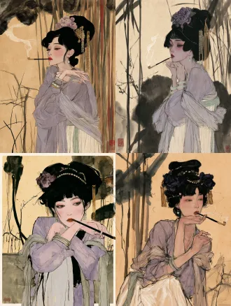 现代东方水墨湿画人像，宣纸材质，宿墨技法，大写意国画芦苇，维也纳表现主义，抽象画，埃贡·席勒（egon schiele）风格与东方水墨湿画人像相结合，发丝用大块湿墨晕染，自然洇墨水渍，墨色层次丰富，胭脂红色花朵，清润淡墨，通透粉肤色，写意松弛笔触,纸面肌理，手绘质感，紧绷的肢体姿态，充满焦虑与原始情绪，粗糙手绘速写质感，强烈的人物情绪张力，动作夸张，枯瘦修长人体，颤抖锐利轮廓线，平面色块，线条有顿挫感，画面构图紧凑，随性挥洒，古代仕女，林黛玉正在吸烟，红楼梦美学人物，眉眼含愁，素色月白纱裙，幼态脸，水杏仁眼翠细眉，樱桃小嘴，腮红，唐代高盘发髻，头上装饰牡丹绒花、珍珠串、金色流苏步摇，唐风妆容,玉石耳坠，双腕佩戴翡翠手镯，轻纱滑落肩头，半透明多层亚麻薄纱面料，颈间系淡绿色丝巾，淡紫色薄纱汉服，双臂交叉倚靠，用手叼着一个清代宫廷烟斗，素色背景，东方古代庭院，明清建筑，低饱和配色，纸本水墨，老旧泛黄宣纸，自然纸纹，枯笔焦墨,倾斜交错，飞白笔触，蓬松爆炸状笔墨如芦花，墨色渗化晕染，浓淡干湿丰富，大面积留白，野逸苍劲，萧瑟秋意，赭石、土黄、暗红、灰褐低饱和配色，笔触粗犷，写意，黄昏雾气，大面积湿画晕染，紫色、玫红、酒红、橘黄、暖棕色彩自然互相渗透，自然水渍，不规则水痕留白，极简纤细枯树干，寥寥几笔树枝，树干带有斑驳白色纹理，柔和朦胧，印象写意，氛围感，通透水彩质感，低对比度，没有精细细节，抒情安静，8k，国画质感