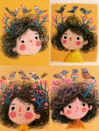 children picture book illustration, crayon and colored pencil drawing, textured paper background, warm ginger yellow background, chubby round-faced lady, fluffy curly dark brown hair, sketchy tangled hair lines, pink flower branches in hair, three patterned decorative birds standing on top of head, blue twigs with pink blossoms, round pink blush on cheeks, simple lively facial features, naive and loose lines, bright saturated colors, folk art style, decorative patterns, visible drawing texture